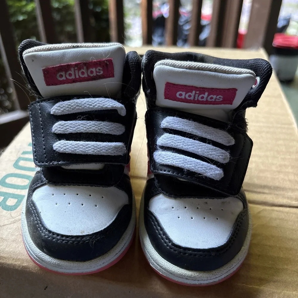 Adidas Hoops Mid 2.0 Toddler Shoes Black White Pink DB1943 Size 5K